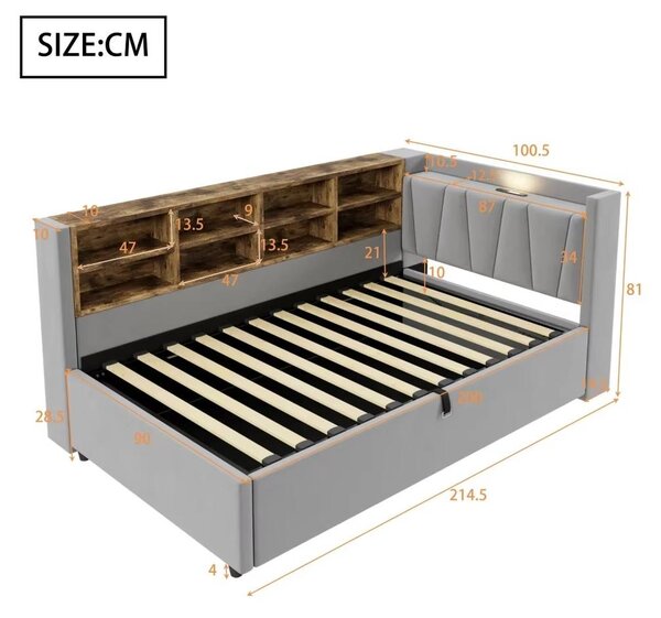 Divano letto - Superficie di riposo 90 x 200 cm - Spazio contenitore con sistema idraulico - Braccioli con ripiani e vani nascosti - Poggiatesta imbottito - Tessuto velluto - Grigio chiaro