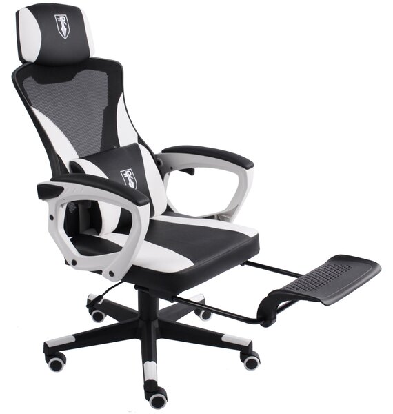 Sedia da gaming dal design moderno in stile racing con poggiapiedi ribaltabile - Sedia da gaming con braccioli regolabili - Sedia da scrivania ergonomica da gaming con cuscino di sostegno aggiuntivo, Colore: Nero/Bianco