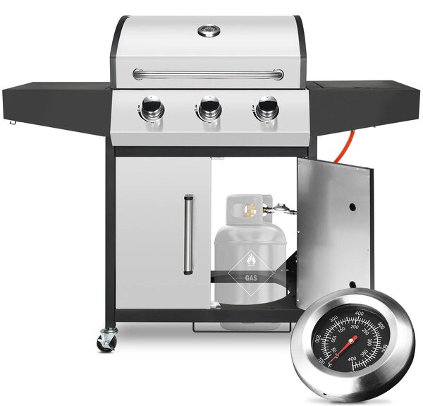 Barbecue a gas - 3+1 bruciatori a gas naturale - 24.000 BTU - acciaio inossidabile - bruciatore laterale e ripiano laterale - struttura a carrello, colore argento