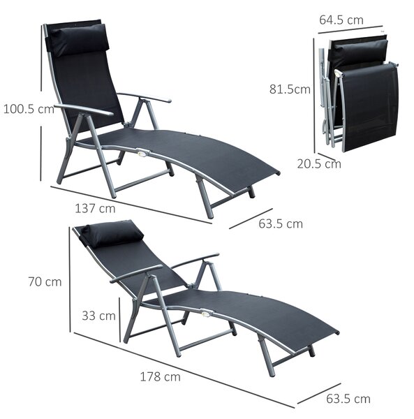 Outsunny Lettino Prendisole Reclinabile, Sedia a Sdraio da Giardino in Metallo, Pieghevole, Relax Terrazzo, 137x63.5x100.5cm - Nero|Aosom