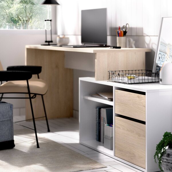 Scrivania angolare bianca lucida e legno 139x92cm con 1 cassetto - Andor