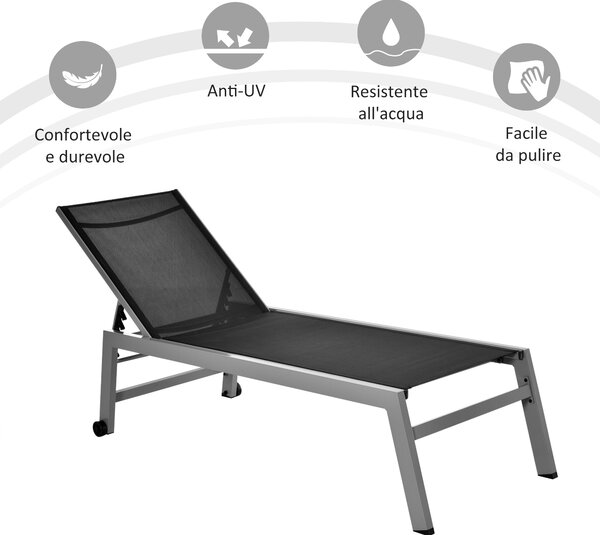 Outsunny Lettino Prendisole Pieghevole Nero, Sdraio da Giardino con Schienale Regolabile e 2 Ruote, Arredamento Esterno Confortevole|Aosom