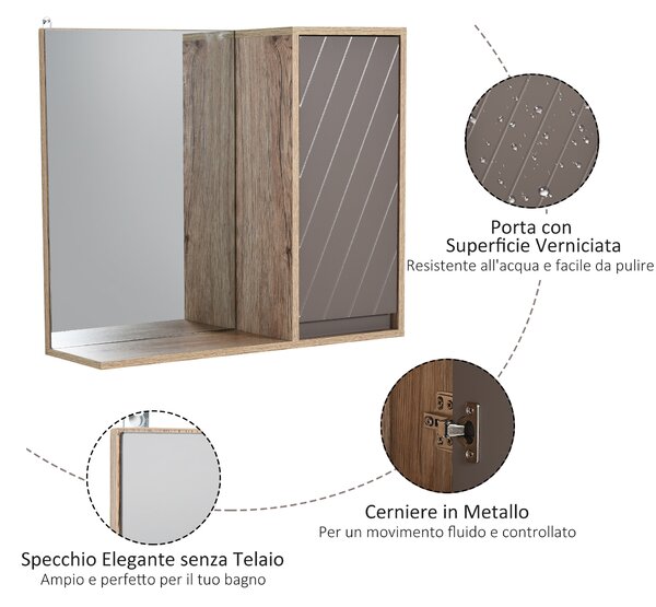 HOMCOM Mobiletto Bagno Salvaspazio da Bagno Sospeso con Specchio e Armadietto, incluso Ripiano Regolabile, Grigio e Rovere|Aosom Italy