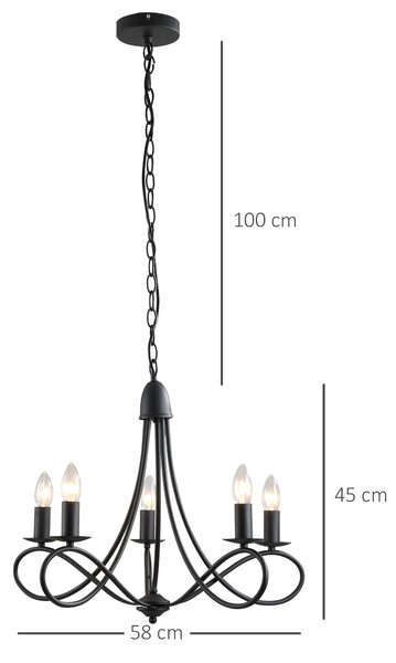 HOMCOM Lampadario con 5 candelieri pieghevole altezza regolabile vintage in acciaio nero Diametro 58 x 45cm|Aosom