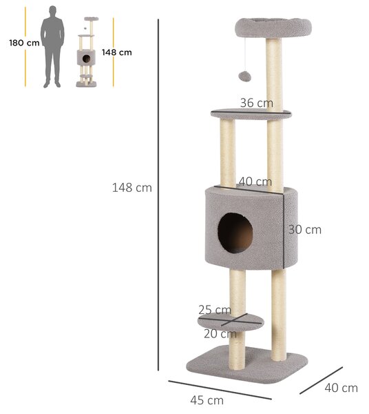 PawHut Tiragraffi per gatti multi-attività albero gatto a 5 livellicon cuccia morbida palla sospesa in sisal peluche|Aosom