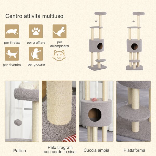 PawHut Tiragraffi per gatti multi-attività albero gatto a 5 livellicon cuccia morbida palla sospesa in sisal peluche|Aosom