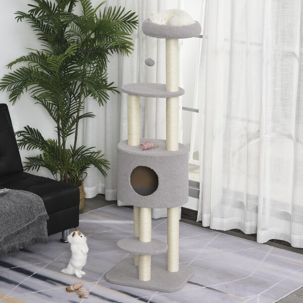 PawHut Tiragraffi per gatti multi-attività albero gatto a 5 livellicon cuccia morbida palla sospesa in sisal peluche|Aosom