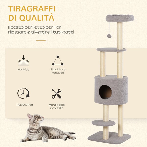 PawHut Tiragraffi per gatti multi-attività albero gatto a 5 livellicon cuccia morbida palla sospesa in sisal peluche|Aosom