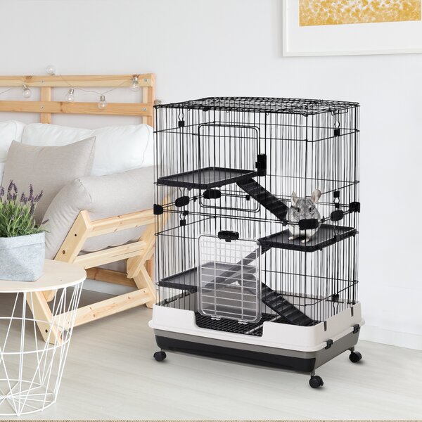 PawHut Gabbia a 3 Piani in Metallo con Vassoio per Roditori, Conigli e Furetti con 4 Ruote, 81.2x52.7x110 cm, Nera|Aosom