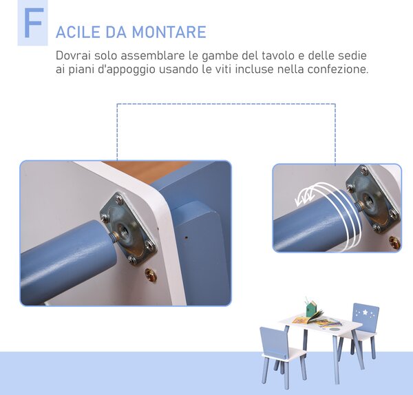 HOMCOM Set Tavolino e 2 Sedie ergonomica per Bambini 2-6 Anni, in MDF e Legno, Bordi arrotondati, Azzurro e Bianco, Set 3 Pezzi|Aosom Italy