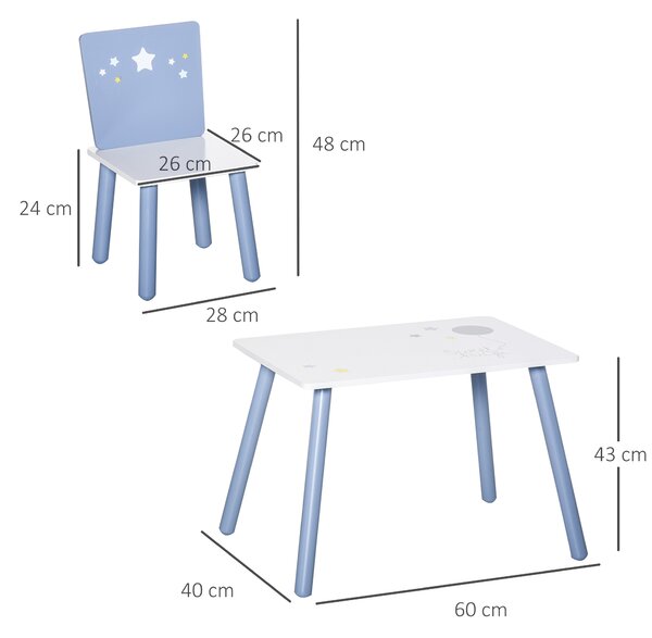HOMCOM Set Tavolino e 2 Sedie ergonomica per Bambini 2-6 Anni, in MDF e Legno, Bordi arrotondati, Azzurro e Bianco, Set 3 Pezzi|Aosom Italy