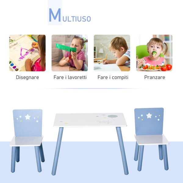 HOMCOM Set Tavolino e 2 Sedie ergonomica per Bambini 2-6 Anni, in MDF e Legno, Bordi arrotondati, Azzurro e Bianco, Set 3 Pezzi|Aosom Italy