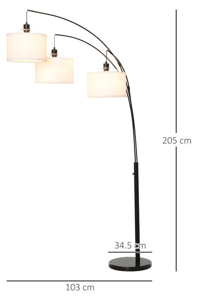 HOMCOM Lampada da Terra con 3 Luci e Braccia Flessibili, Base in Marmo e Palo in Metallo, 103x34.5x205cm, Nero e Bianco