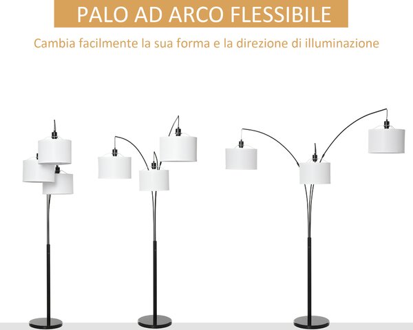 HOMCOM Lampada da Terra con 3 Luci e Braccia Flessibili, Base in Marmo e Palo in Metallo, 103x34.5x205cm, Nero e Bianco