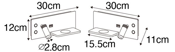 Set di 2 lampade da parete nere con LED, USB e caricabatterie a induzione - Riza
