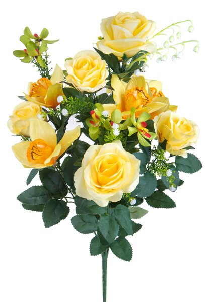 Set 2 Bouquet Artificiale Composto da 14 Fiori Artificiali di Rose e Orchidee Altezza 56 cm Giallo