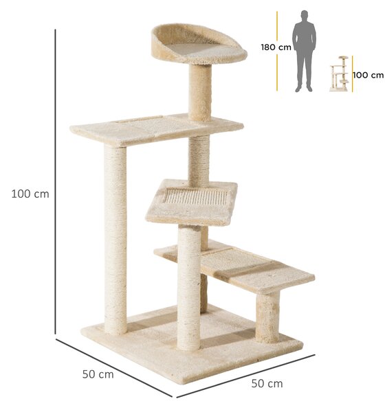 PawHut Tiragraffi Gatti Trespolo Multilivello in Sisal, Albero per Gatti con Piattaforme e Cuccia in Peluche Beige, 50x50x100cm|Aosom