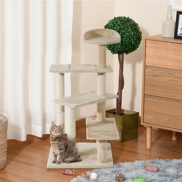 PawHut Tiragraffi Gatti Trespolo Multilivello in Sisal, Albero per Gatti con Piattaforme e Cuccia in Peluche Beige, 50x50x100cm|Aosom