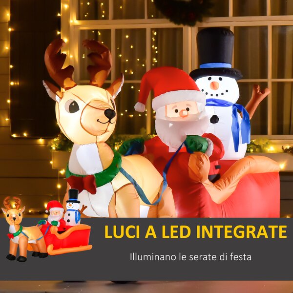 HOMCOM Babbo Natale Gonfiabile con Slitta, Renna, Pupazzo di Neve e Luci LED, Decorazione Natalizia da Esterno, 200x80x128cm