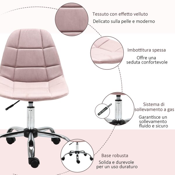 Vinsetto Sedia da Ufficio con Rotelle Girevole Ergonomica, Altezza Regolabile, Senza Braccioli, in Tessuto Effetto Velluto, Rosa | Aosom