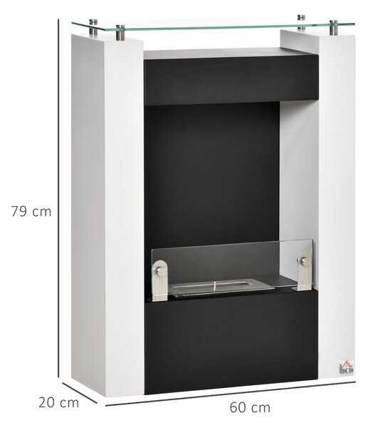 HOMCOM Camino Bioetanolo con Serbatoio da 1.5L e Copertura 20m², Biocamino in Acciaio e Vetro, 60x20x79cm, Bianco e Nero|Aosom