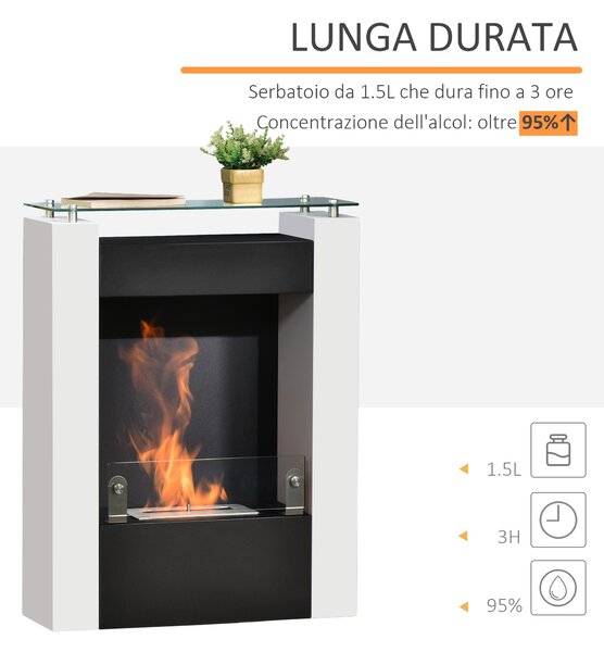 HOMCOM Camino Bioetanolo con Serbatoio da 1.5L e Copertura 20m², Biocamino in Acciaio e Vetro, 60x20x79cm, Bianco e Nero|Aosom