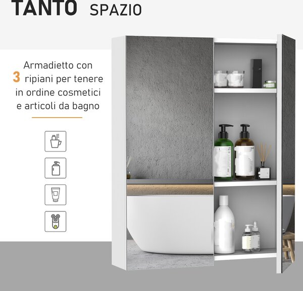 HOMCOM Armadietto Pensile da Bagno Due Ante Frontali con Specchiera e 2 Ripiani Interni MDF Bianco (60 x 15 x 75 cm)|Aosom
