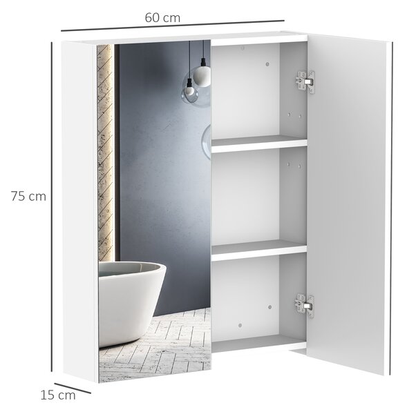 HOMCOM Armadietto Pensile da Bagno Due Ante Frontali con Specchiera e 2 Ripiani Interni MDF Bianco (60 x 15 x 75 cm)|Aosom