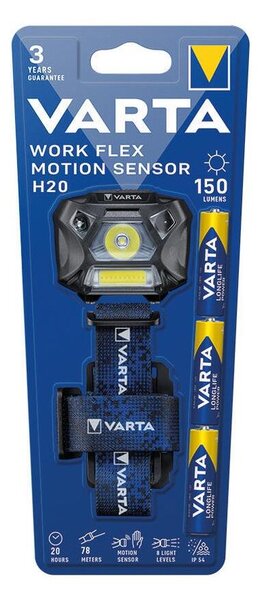 Varta 18648101421 - Lampada frontale dimmerabile a LED con sensore WORK FLEX LED/3xAA IP54