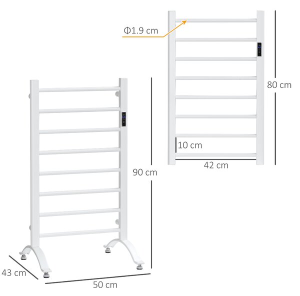 HOMCOM Scaldasalviette Elettrico a 8 Barre con Timer e Controllo Temperatura, in Acciaio al Carbonio, 50x45x80 cm, Bianco|Aosom