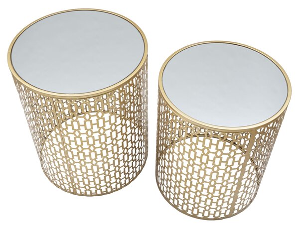 Tavolinetti Coppia Oblin Ø41x50-37,5x47 cm in Ferro MDF e Vetro Oro