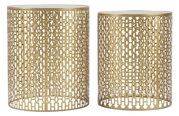 Tavolinetti Coppia Oblin Ø41x50-37,5x47 cm in Ferro MDF e Vetro Oro