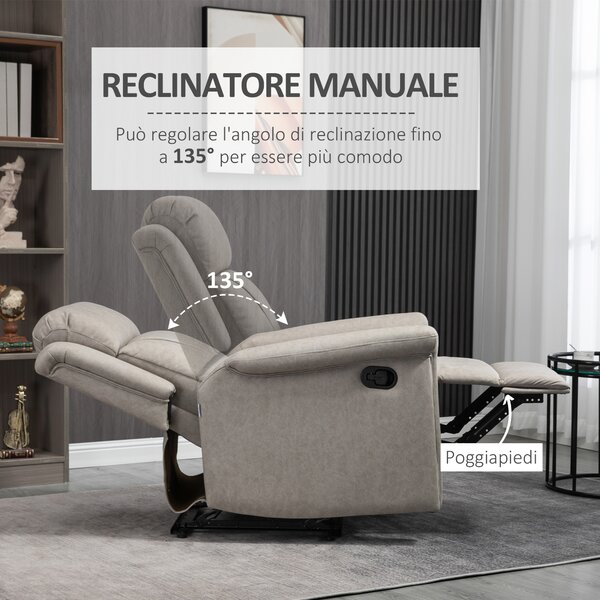 HOMCOM Poltrona Reclinabile fino a 135° con Poggiapiedi e Struttura in Acciaio, Sedia in Microfibra, Grigio | Aosom Italy