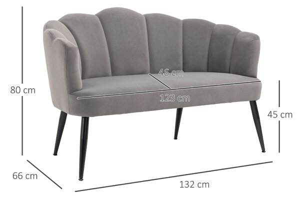 HOMCOM Divano 2 Posti in Velluto con Gambe in Metallo e Schienale a Conchiglia, 132x66x80cm, Grigio|Aosom