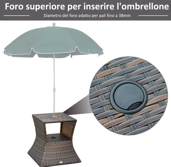 Outsunny Tavolino da Esterno in Rattan con Foro per Ombrellone, Marrone, 54x54x55cm