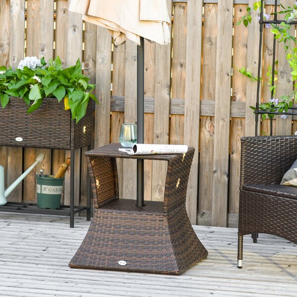 Outsunny Tavolino da Esterno in Rattan con Foro per Ombrellone, Marrone, 54x54x55cm