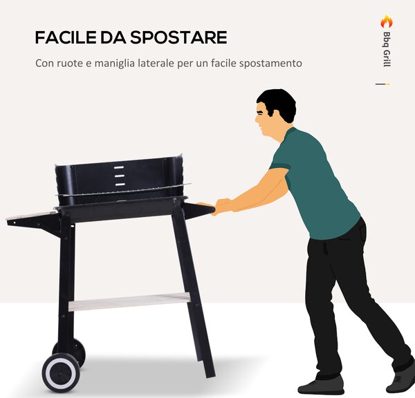 Outsunny Griglia a Carbone Barbecue BBQ Carrello Grill per Picnic con Ruote da Balcone Giardino in Ferro e Legno 83 × 45 × 87 cm Nero|Aosom
