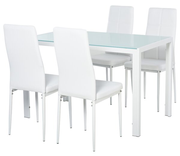 Set da Pranzo Tavolo con Piano in Vetro e 4 Sedie in Metallo e Similpelle Bianco