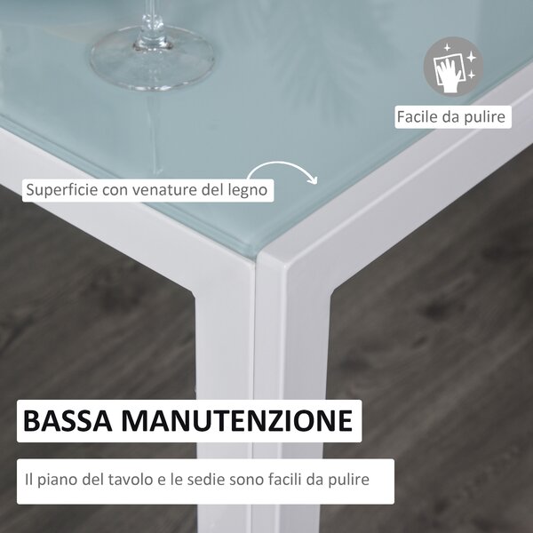 HOMCOM Set 5 Pezzi con 1 Tavolo e 4 Sedie imbottite per Cucina o Sala da Pranzo in Finta Pelle, Metallo e Vetro Temperato, Bianco| Aosom Italy