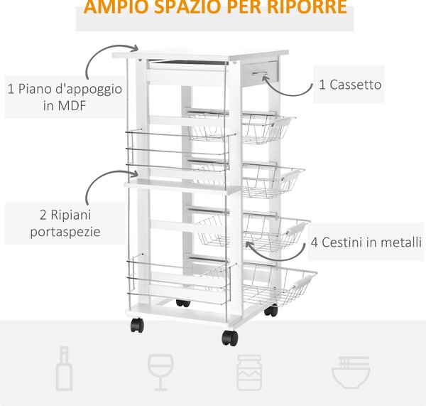 HOMCOM Carrello da Cucina Salvaspazio in Legno Bianco con 1 Piano di Lavoro 1 Cassetto e 4 Cestelli Metallici 47x37x83cm|Aosom