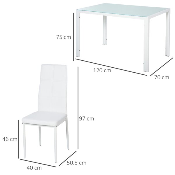 HOMCOM Set 5 Pezzi con 1 Tavolo e 4 Sedie imbottite per Cucina o Sala da Pranzo in Finta Pelle, Metallo e Vetro Temperato, Bianco| Aosom Italy