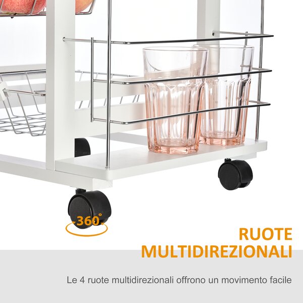 HOMCOM Carrello da Cucina Salvaspazio in Legno Bianco con 1 Piano di Lavoro 1 Cassetto e 4 Cestelli Metallici 47x37x83cm|Aosom