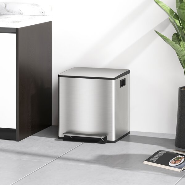 HOMCOM Bidone Immondizia a 2 Sezioni da 15L a Pedale con Coperchio Silenzioso, in Acciaio Inox e PP, 41.8x36.7x44 cm
