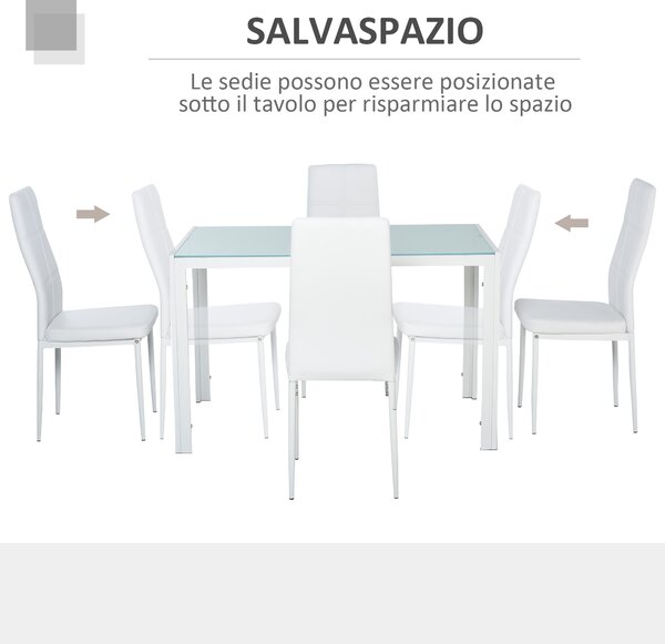 HOMCOM Set 5 Pezzi con 1 Tavolo e 4 Sedie imbottite per Cucina o Sala da Pranzo in Finta Pelle, Metallo e Vetro Temperato, Bianco| Aosom Italy