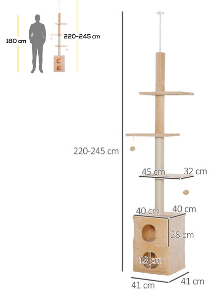 PawHut Tiragraffi a Soffitto Albero per Gatto Multilivello 210-240cm con Cucce, Piattaforme e Corde in Juta, Giallo|Aosom
