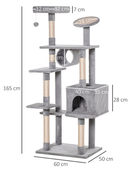 PawHut Tiragraffi per Gatti a Diversi Livelli, Rivestito in Peluche, Pali in Sisal, Alto 165cm, Grigio Chiaro | Aosom