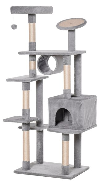 PawHut Tiragraffi per Gatti a Diversi Livelli, Rivestito in Peluche, Pali in Sisal, Alto 165cm, Grigio Chiaro | Aosom