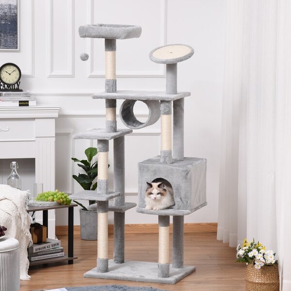 PawHut Tiragraffi per Gatti a Diversi Livelli, Rivestito in Peluche, Pali in Sisal, Alto 165cm, Grigio Chiaro | Aosom
