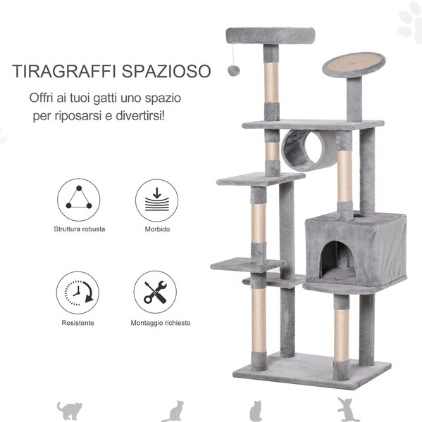 PawHut Tiragraffi per Gatti a Diversi Livelli, Rivestito in Peluche, Pali in Sisal, Alto 165cm, Grigio Chiaro | Aosom