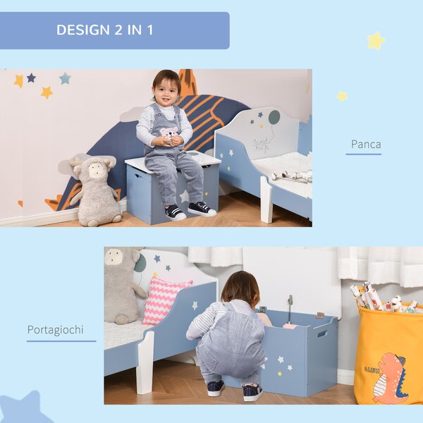 HOMCOM Cassapanca Baule Portagiochi in Legno Blu e Bianco, Panca per Cameretta Bambini 55 x 34 x 35.5 cm|Aosom